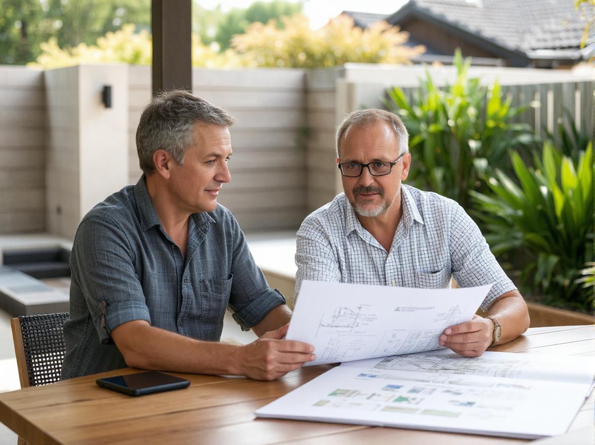 Conceptual image of a landscaper discussing garden layout plans with a Sydney homeowner, representing Austech Landscaping’s design consultation service