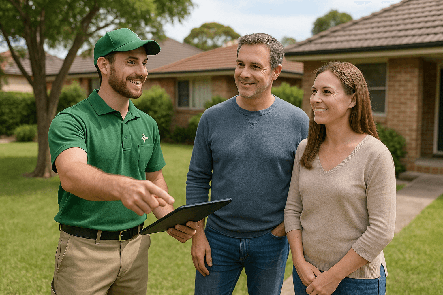 riendly landscaper discussing garden design plans with Sydney homeowners, representing Austech Landscaping’s consultation experience