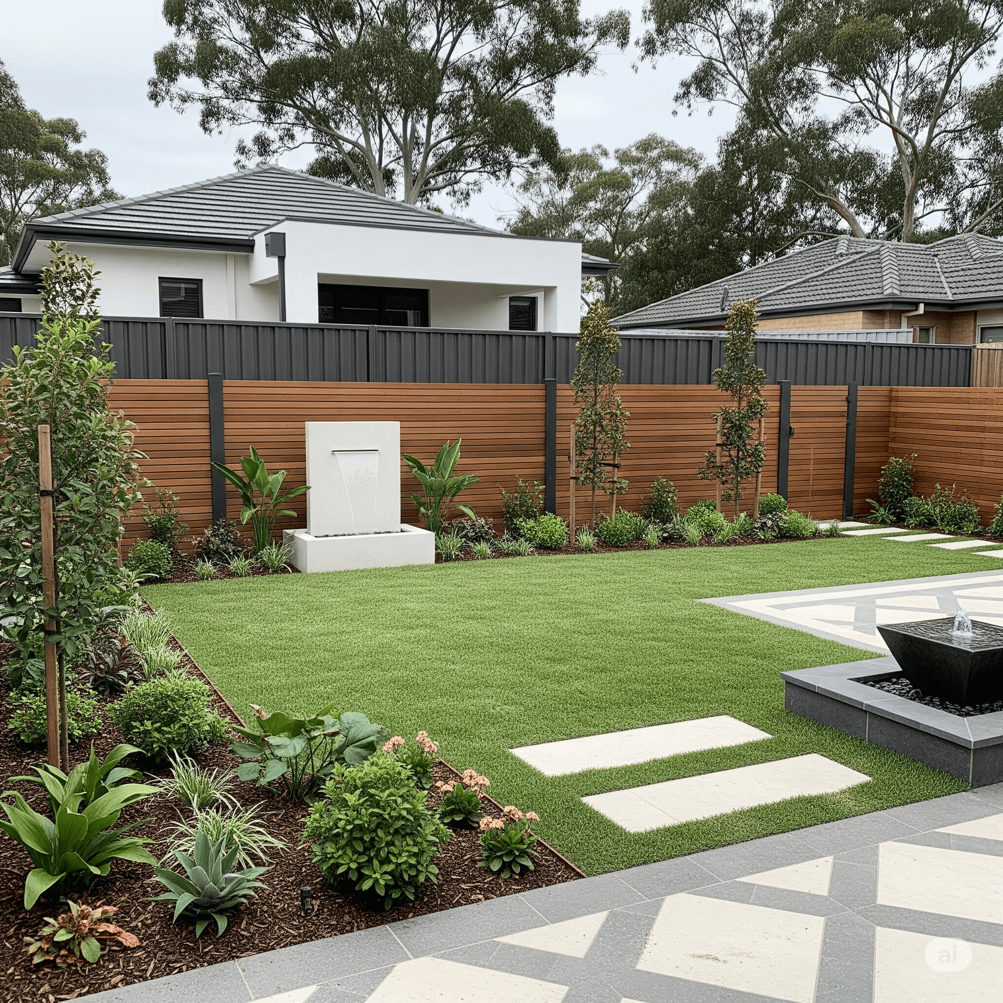 Landscape designer and Sydney homeowner reviewing garden plans on-site, illustrating Austech Landscaping’s planning and consultation process