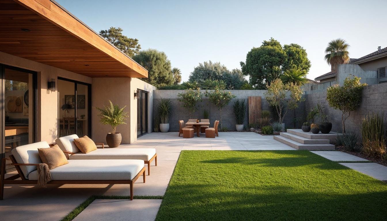 A conceptual design for a modern Sydney backyard landscape by Austech Landscaping, showcasing a lush lawn, concrete patio with outdoor seating, sun loungers, and diverse plantings, illustrating possibilities for an inviting outdoor living space.